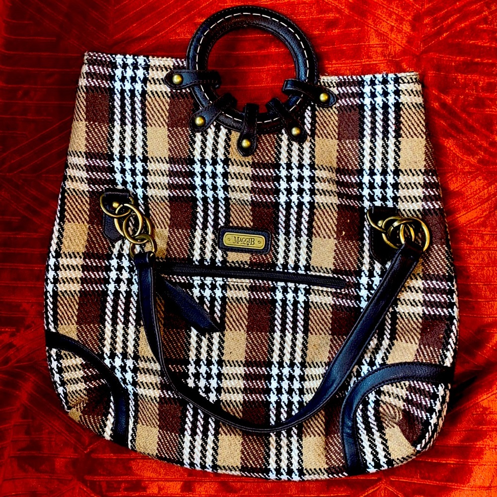 Houndstooth and plaid handbag with vegan leather